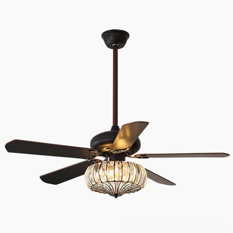 Crystal diffuser ceiling fan light fixture, detail view showing fine crystal work and metal frame construction