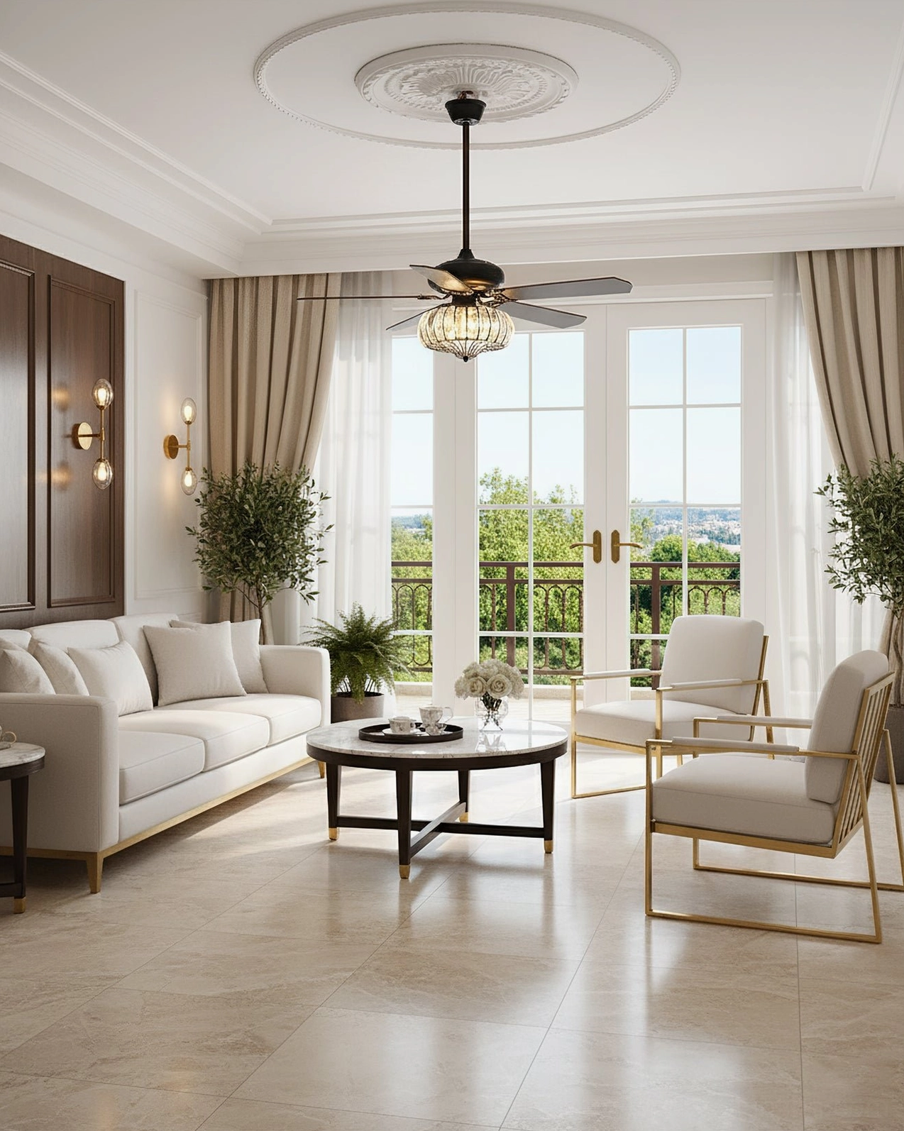 Bright sunlit lounge room featuring crystal cage ceiling fan light above beige sofa with gold-accented furniture