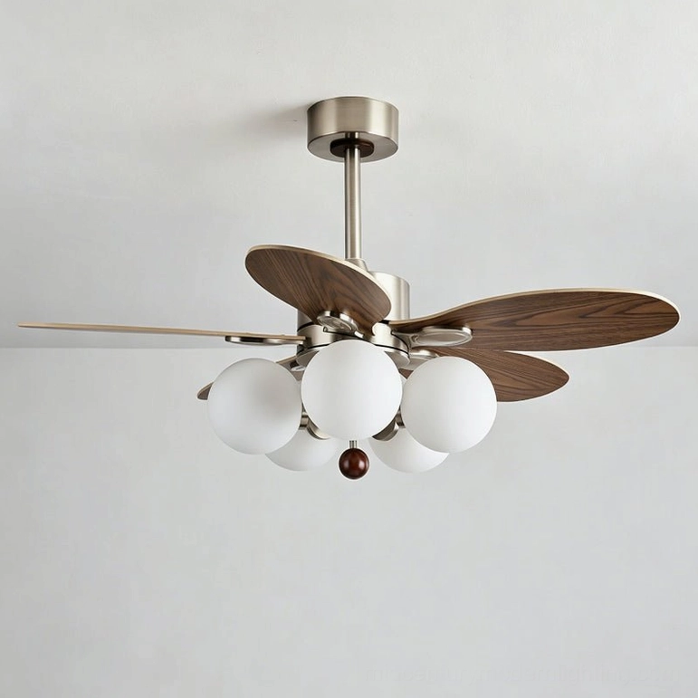 Detailed front view of mid-century modern ceiling fan light, highlighting five wood blades, frosted glass sphere cluster, and brushed metal frame construction