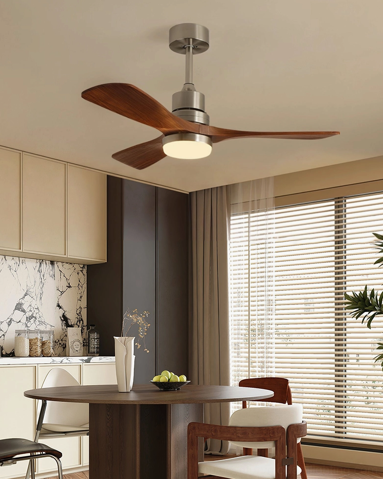 Three-color changing LED ceiling fan light fixture details, brushed nickel and walnut wood construction, remote control operation