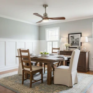 Contemporary ceiling fan light installed in classic dining room with white wainscoting, demonstrating warm LED illumination over wooden dining set