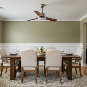 Modern minimalist ceiling fan light installed in traditional American dining room with green accent wall and wooden furniture