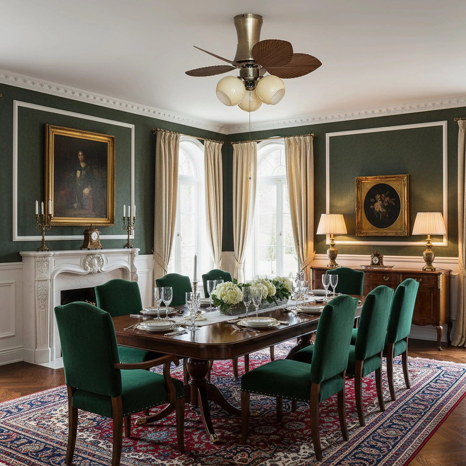 Ceiling fan light fixture in formal dining room with dark green wall panels and luxury traditional decor