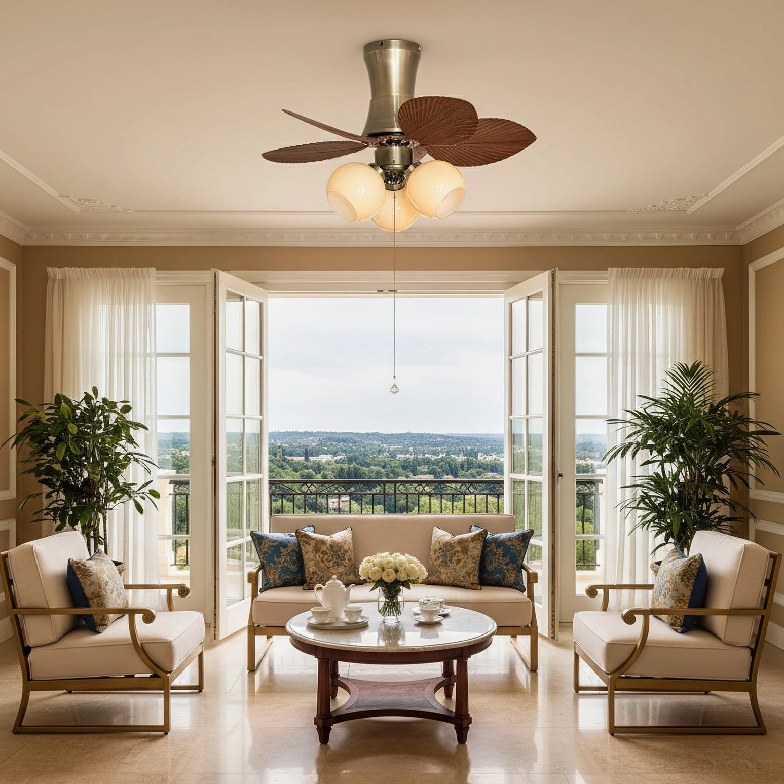Ceiling fan light in sunlit casual living room with French windows and warm neutral minimalist design