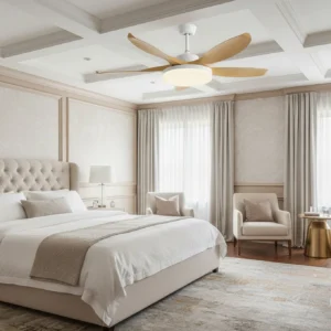 Beige and neutral wood tone ceiling fan light installed in luxury American master bedroom with soft neutral color scheme