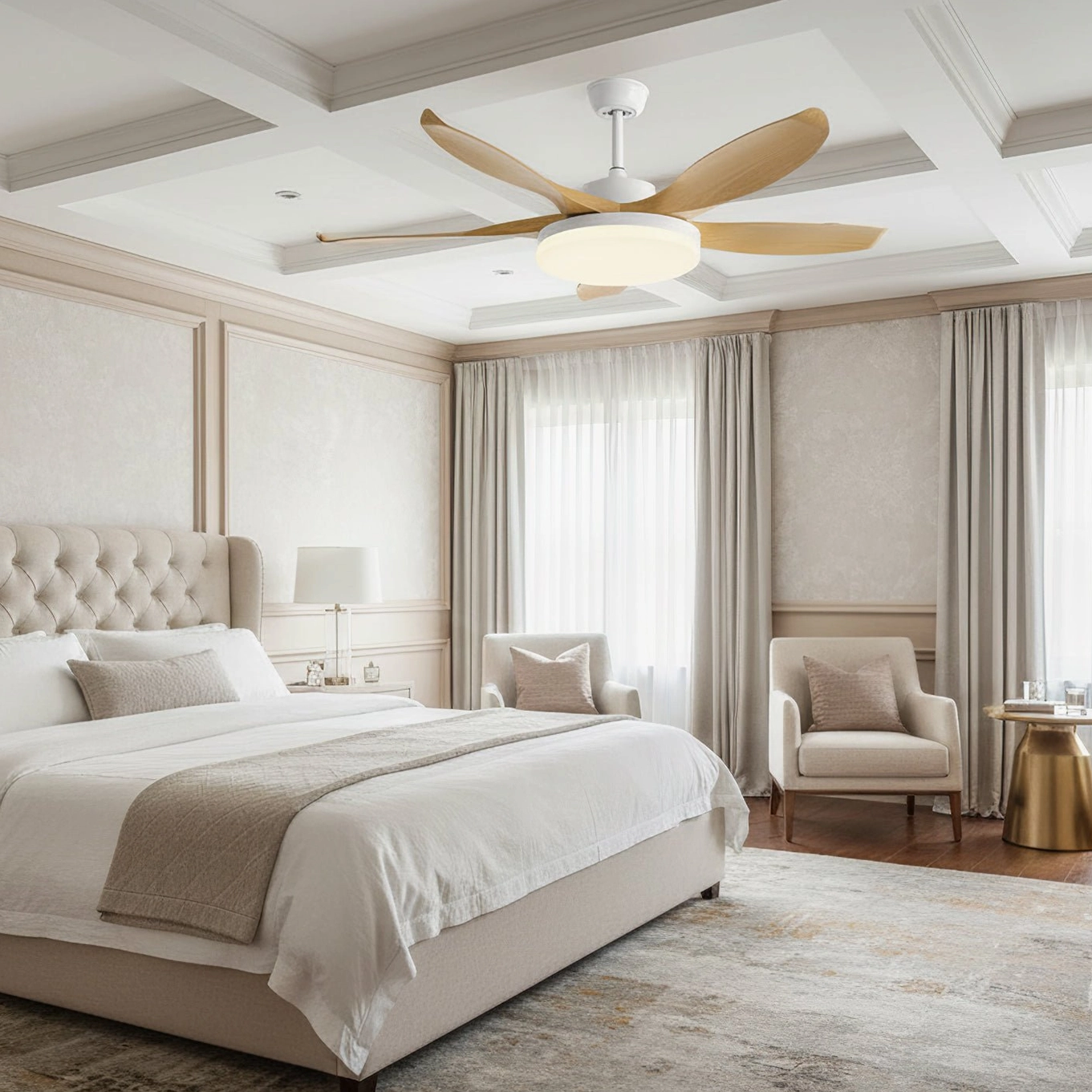 Beige and neutral wood tone ceiling fan light installed in luxury American master bedroom with soft neutral color scheme