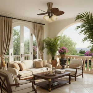 Ceiling fan light installed in European-style luxury living room with balcony window and warm neutral decor