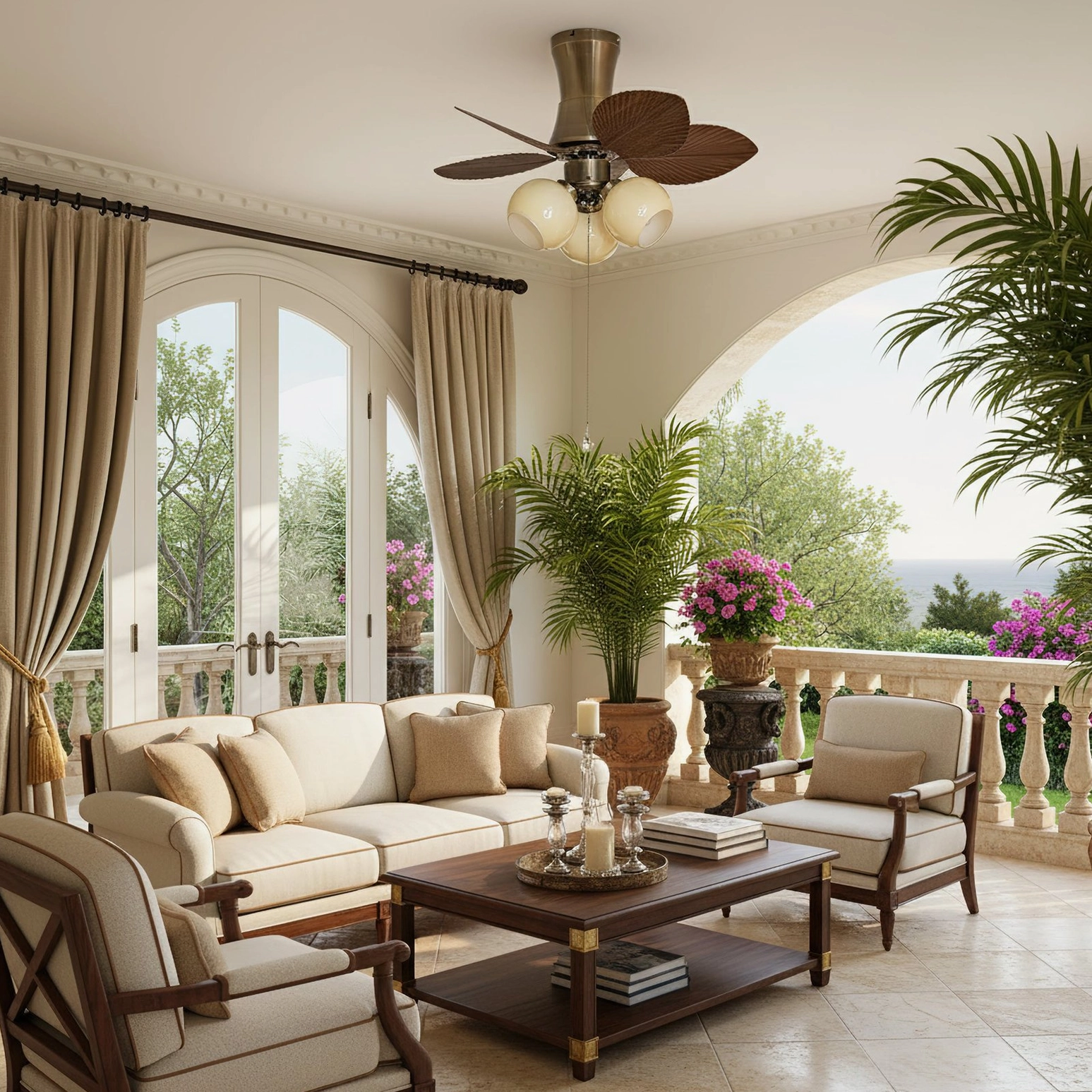 Ceiling fan light installed in European-style luxury living room with balcony window and warm neutral decor
