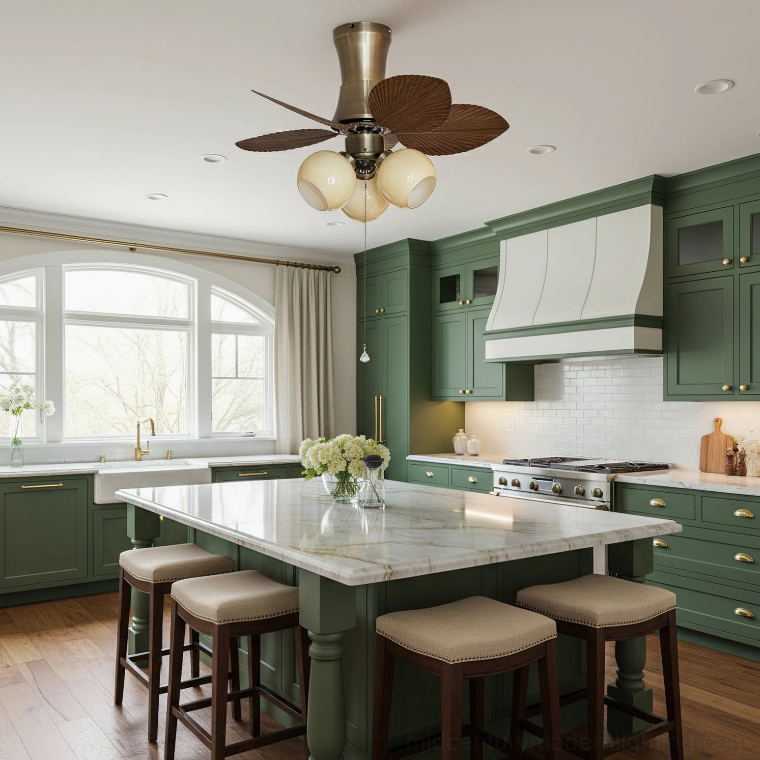 Ceiling fan light installed in modern kitchen with fresh green cabinetry and contemporary classic style