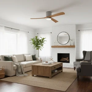 Mid-Century Modern ceiling fan light with walnut wood blades installed in contemporary living room with fireplace - warm neutral minimalist interior design