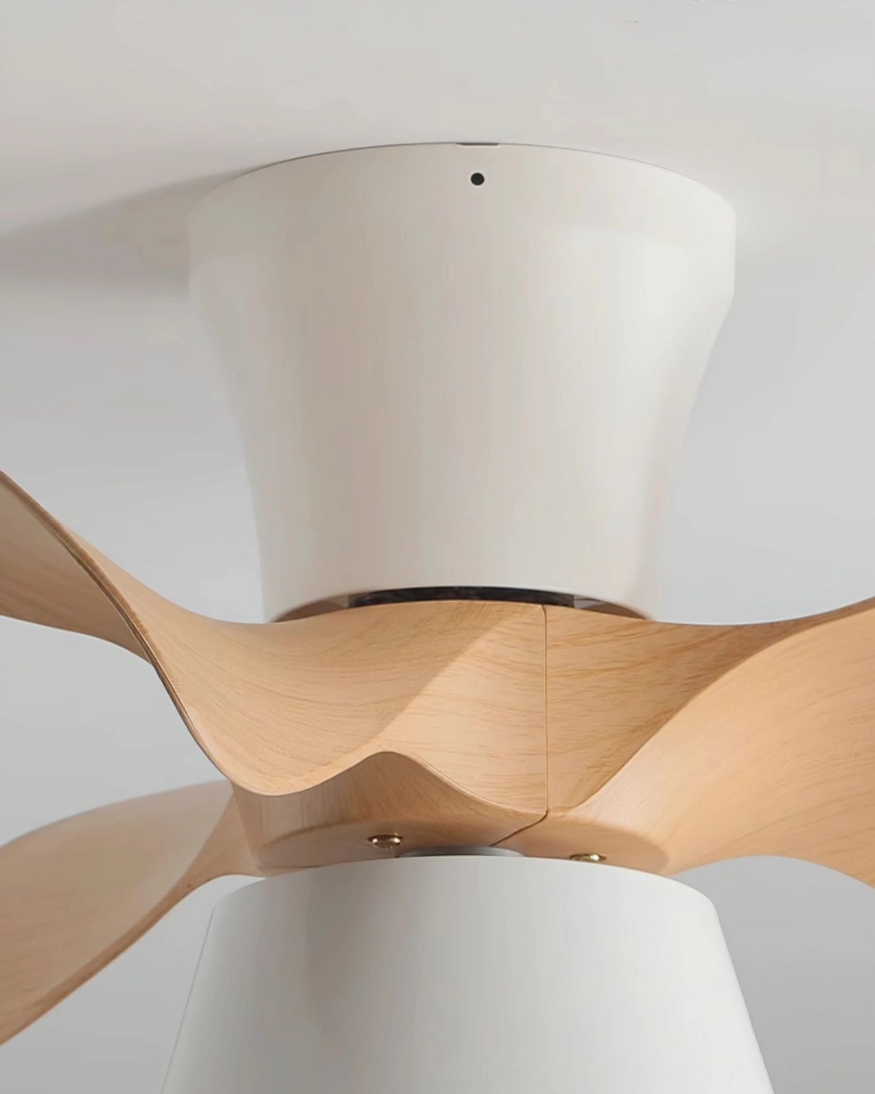 Bottom mounting base of modern DC ceiling fan light showing white metal installation bracket and screw ports