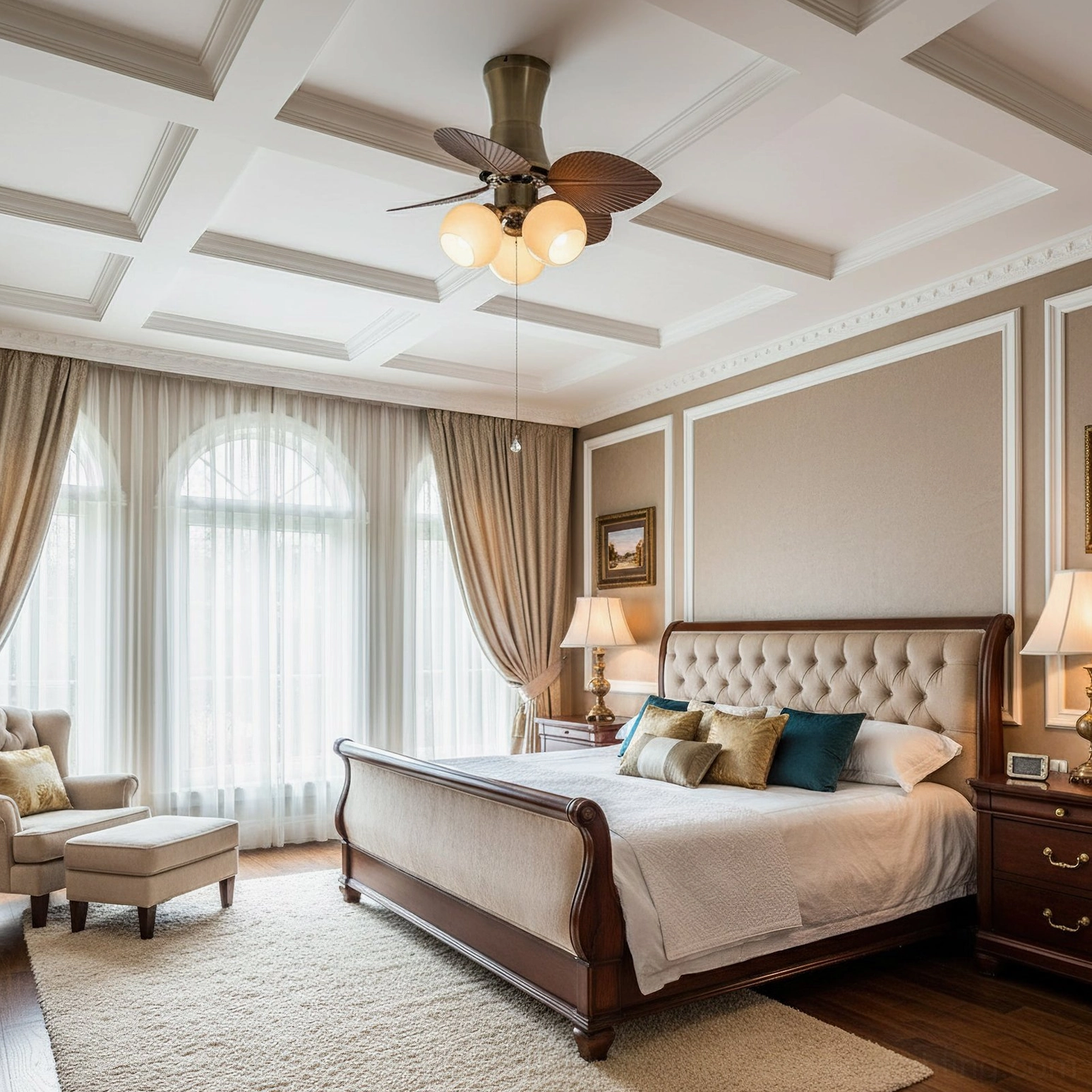 Modern ceiling fan light fixture in neoclassical master bedroom with coffered ceiling and tufted headboard