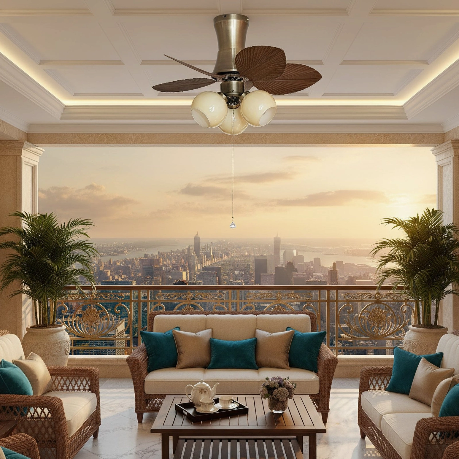Tropical ceiling fan light in luxury penthouse living room with city skyline view and warm neutral tones