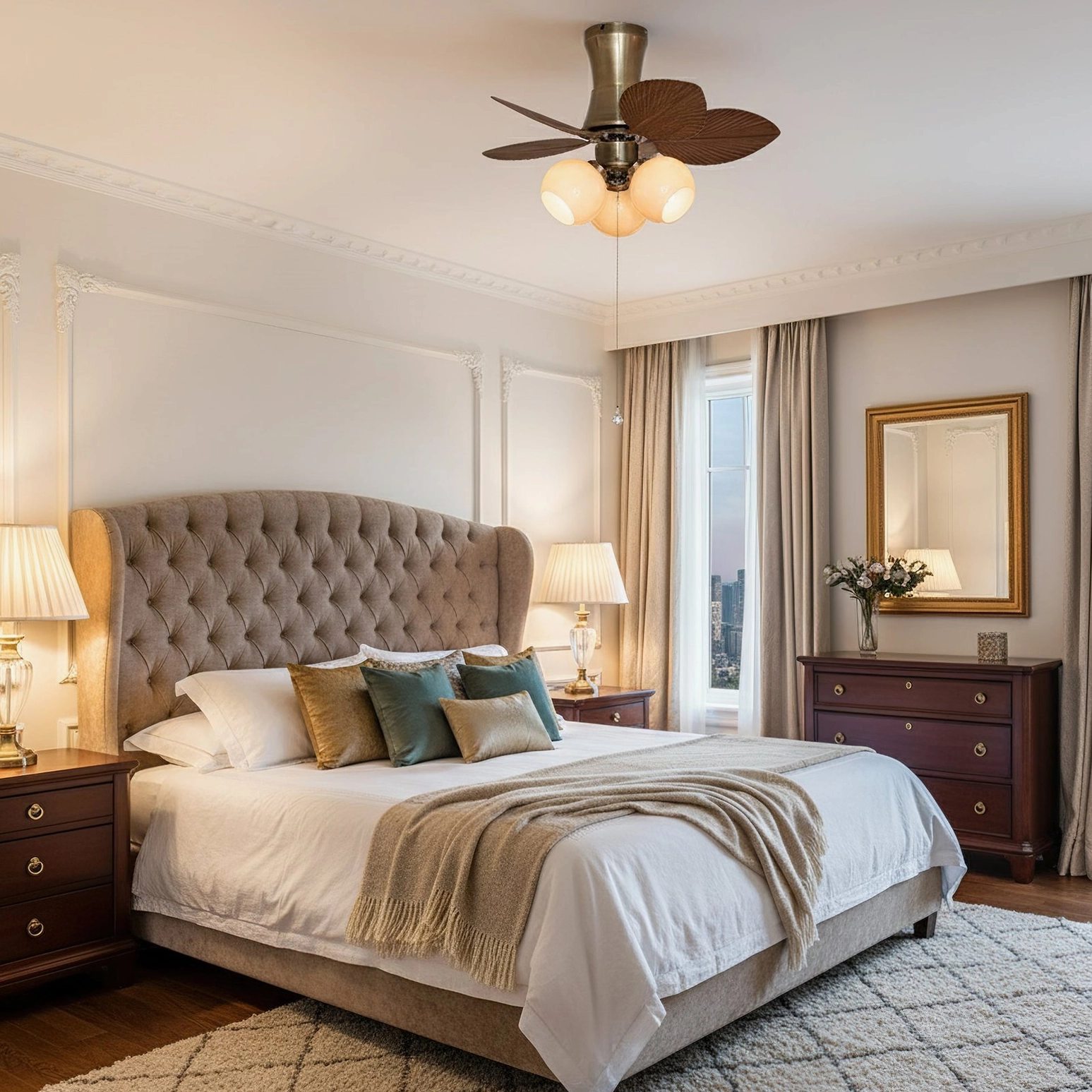 Tropical ceiling fan light in classic American traditional bedroom with vanity area and warm lighting