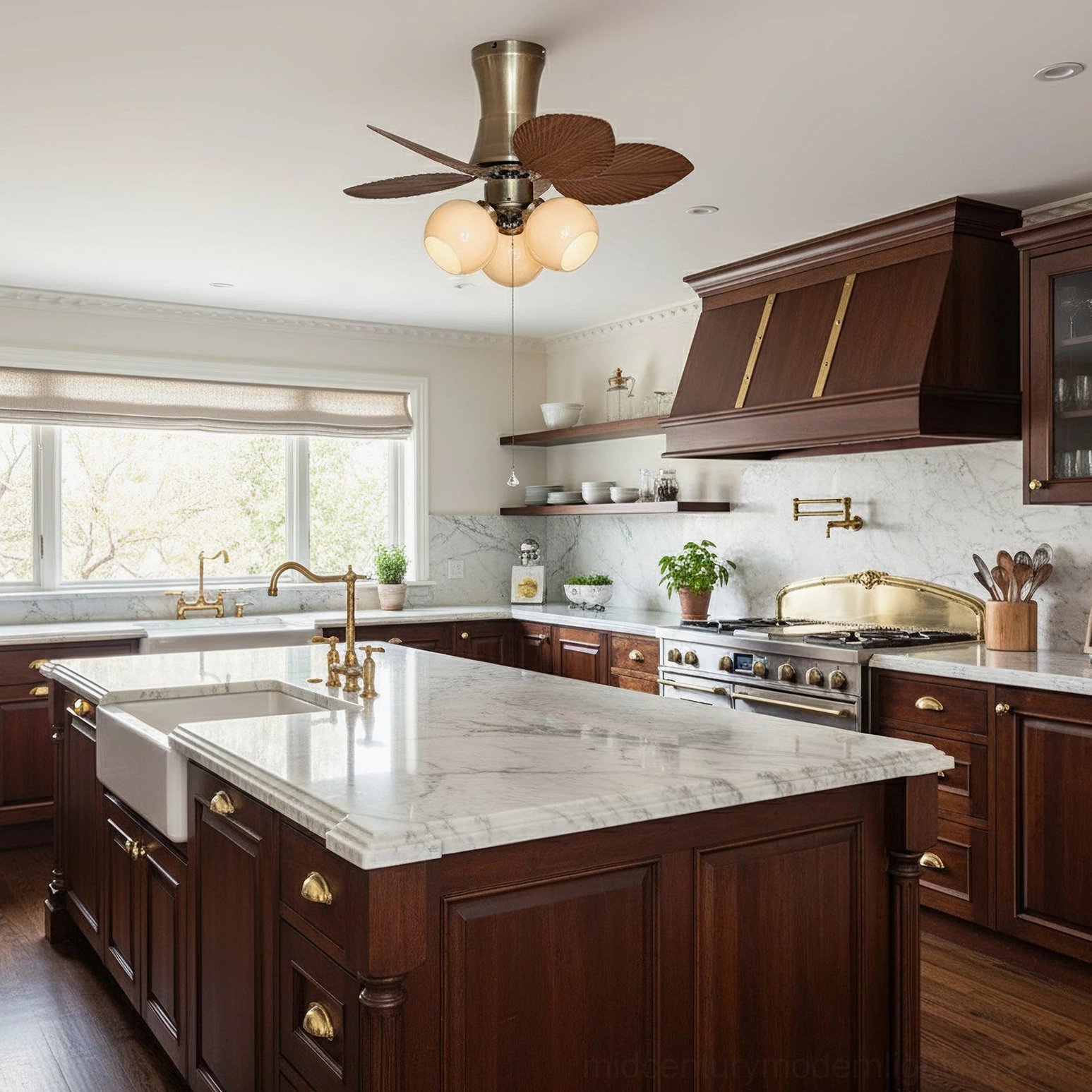 Ceiling fan light installed in dark wood kitchen with marble island and classic American traditional style