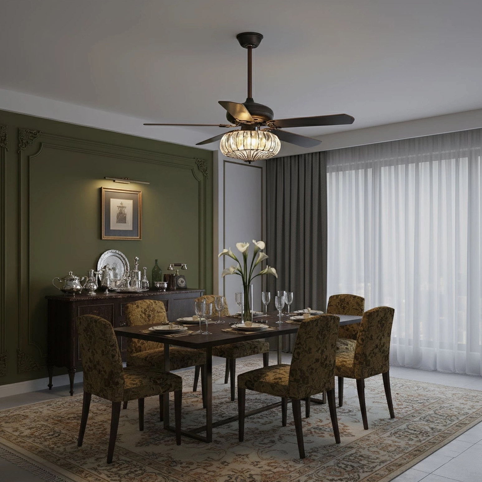Ceiling fan light fixture in vintage green dining room with dark wood furniture and crystal cage design