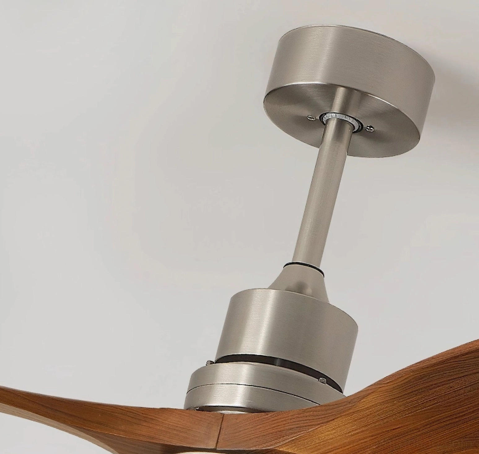 Contemporary ceiling fan light with walnut wood blades and integrated LED, size comparison and dimensional specifications