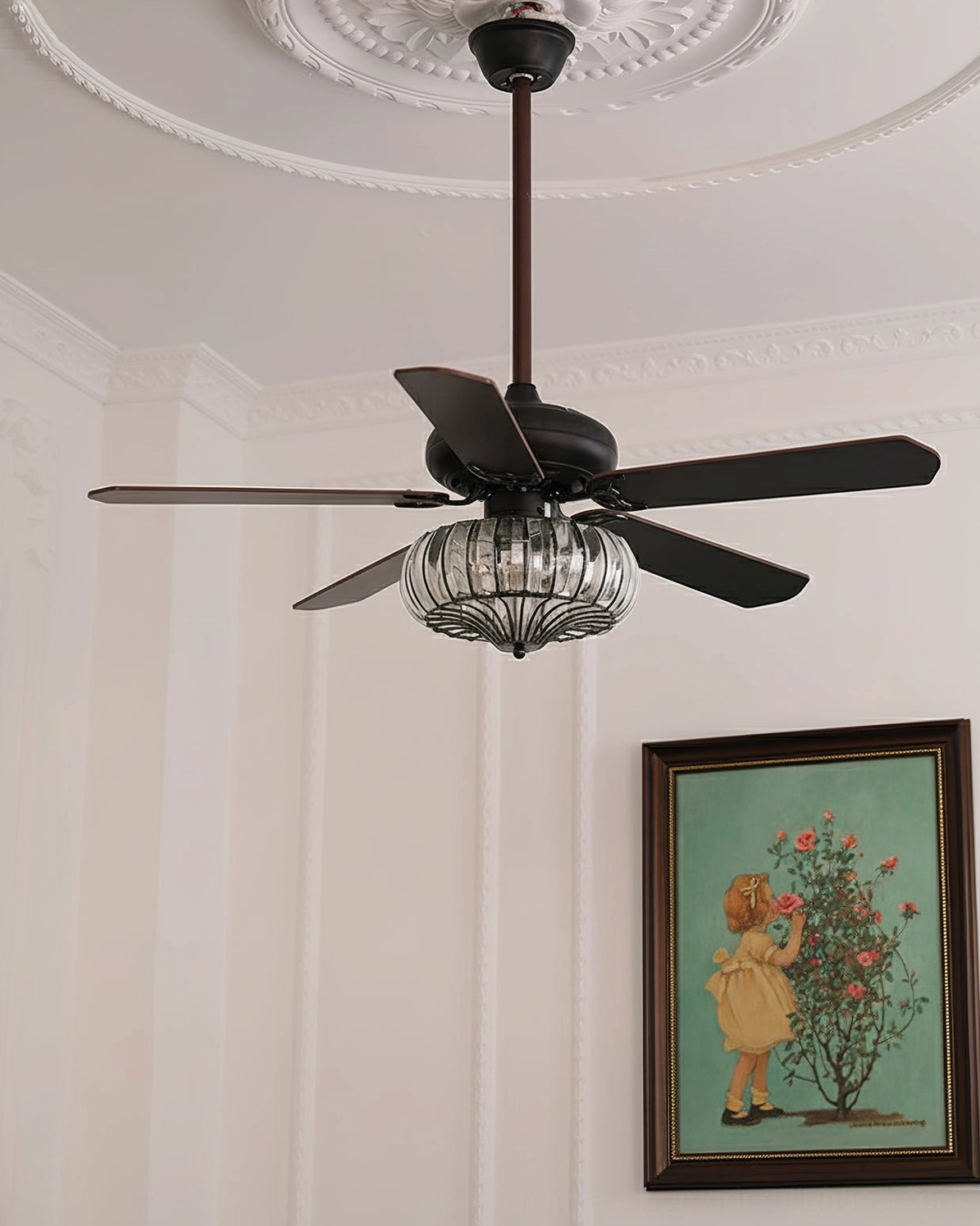 Walnut finish ceiling fan light with crystal cage, integrated lighting, and 5 seamless fan blades