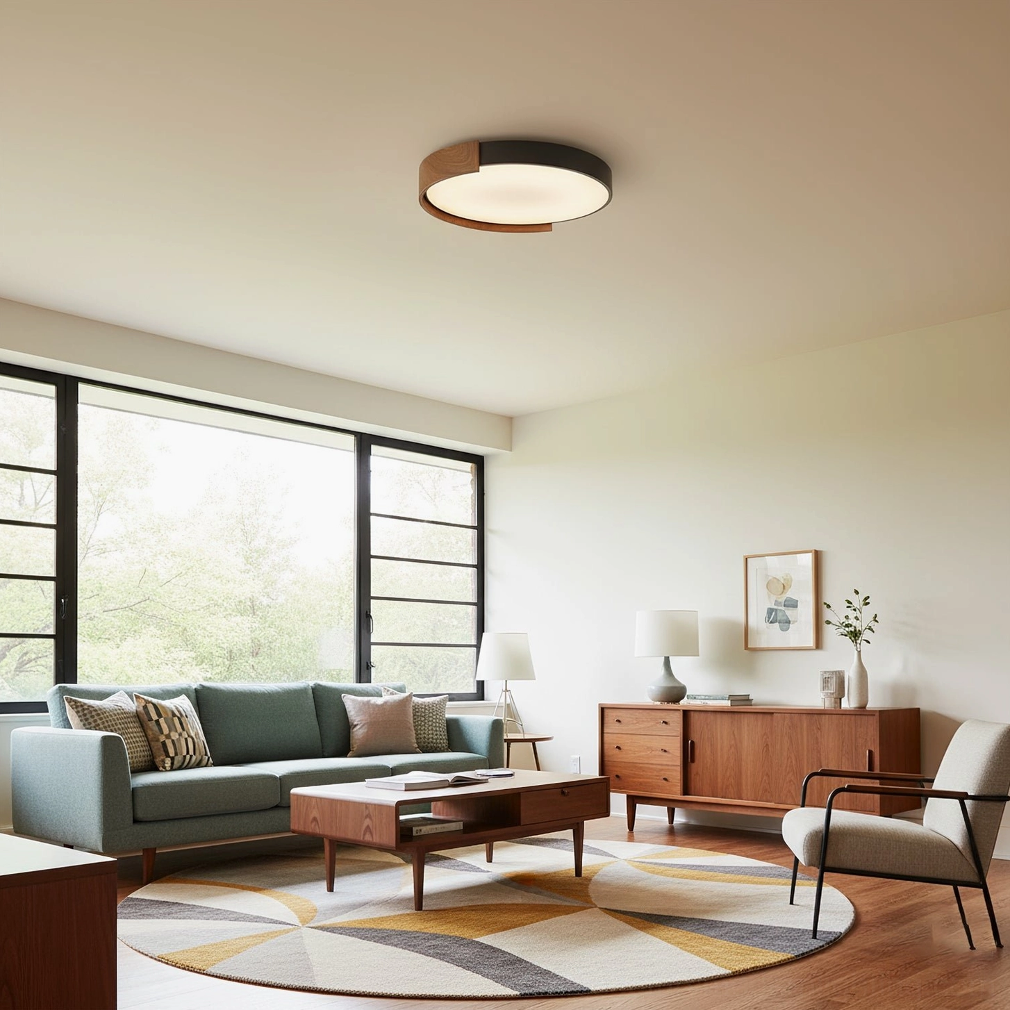 Wood and metal ceiling fixture in bright minimalist living room lounge space