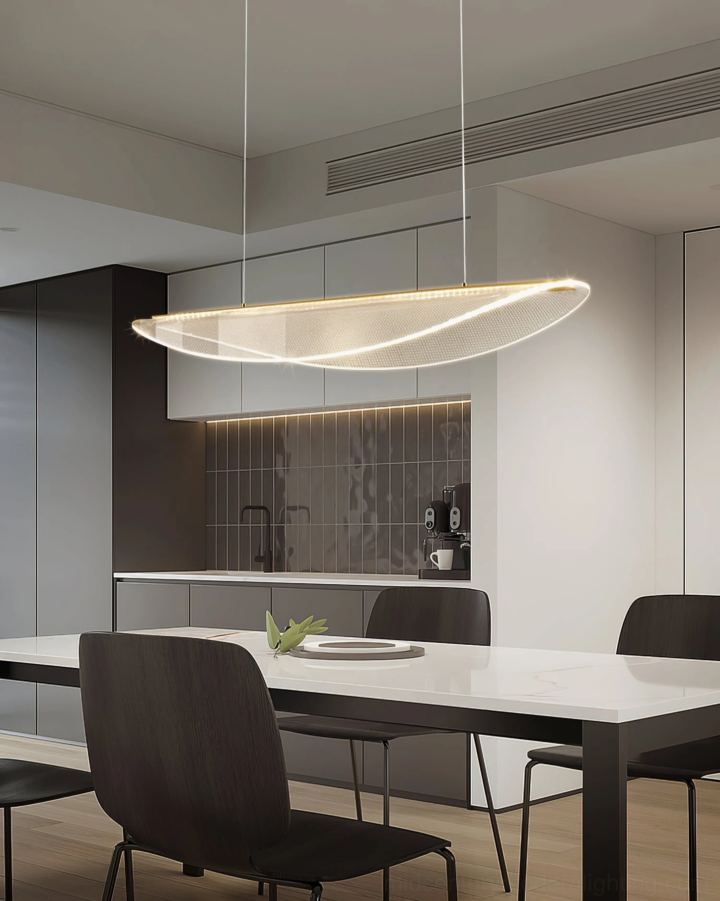 Ceiling mounted floating pendant lamp with elegant gold and clear finish combination