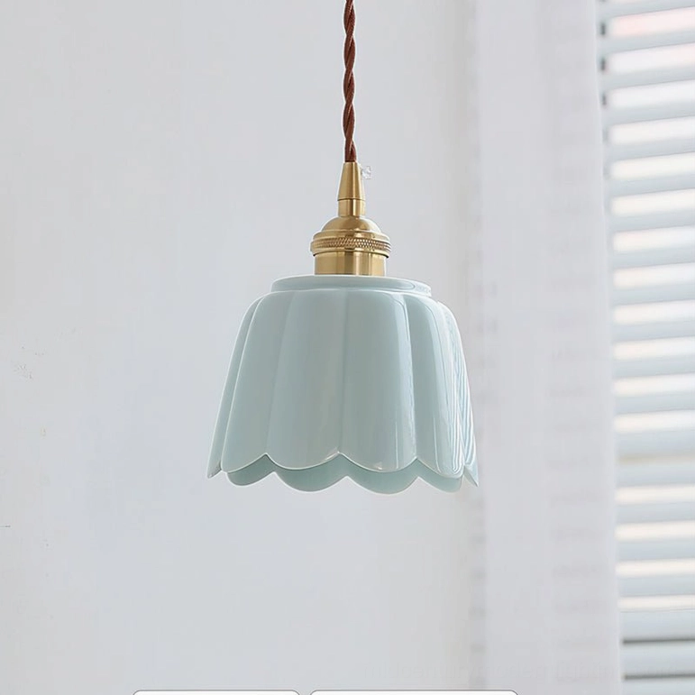 Celadon fluted ceramic pendant in brass and aqua blue finish, detailed product showcase