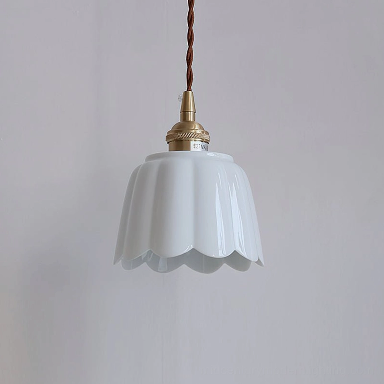 Celadon fluted ceramic pendant light in white and brass finish, product detail view