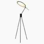 Celeste minimalist black floor lamp with circular flat shade and tripod base, front-side studio view