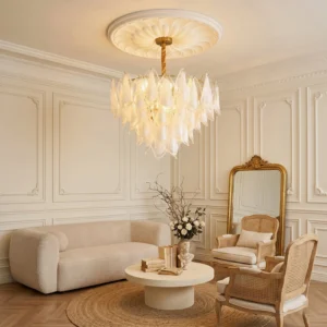 Celeste petal chandelier installed in minimalist French style living room with warm ambient lighting