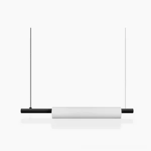Celeste linear pendant lamp with frosted white opaline shade on pure white background, minimalist modern design