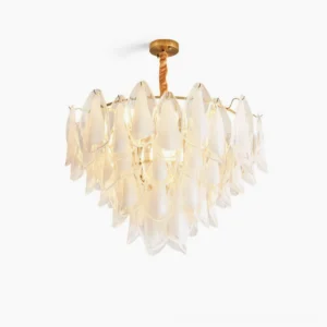 Celeste petal glass chandelier with gold hardware and white frosted glass petals on white background, front view