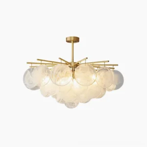 Celestia tiered cloud glass chandelier overhead detail view showing hand-blown swirled glass discs and brass starburst frame