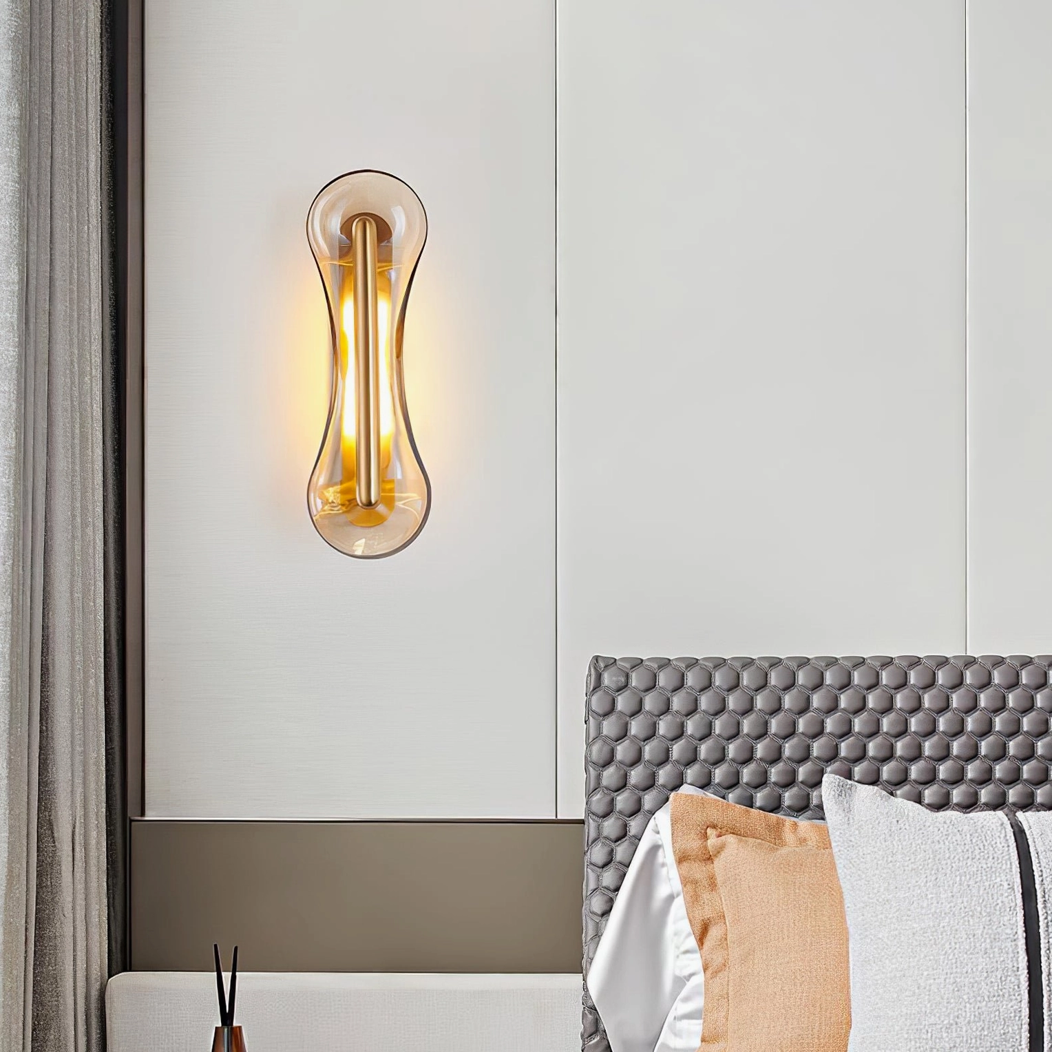 Cell Wall Lamp lighting modern bedroom bedside creating warm dappled glow and shadow patterns on wall ambient accent lighting