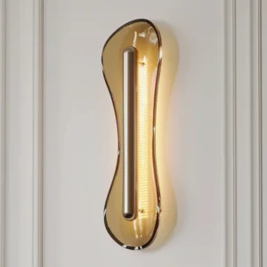 Modern Cell Wall Lamp close-up mounted on decorative interior wall panel, warm minimalist luxury ambiance with soft illumination