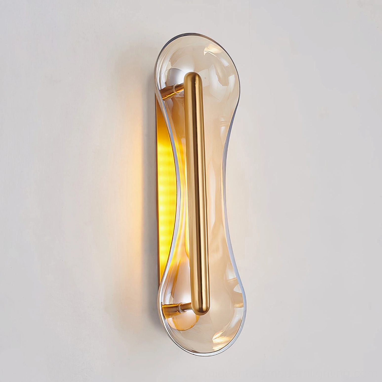 Cell Wall Lamp side profile view with clear glass and gold brass hardware on white background minimalist design