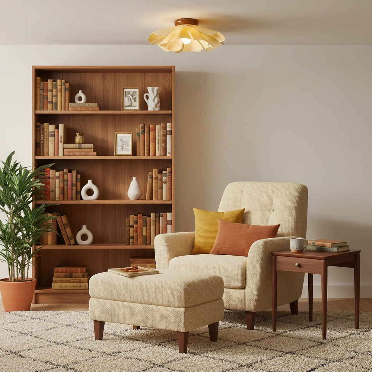 Cenia flower-shaped ceiling light in cozy reading nook with wooden bookshelf, mid-century modern interior