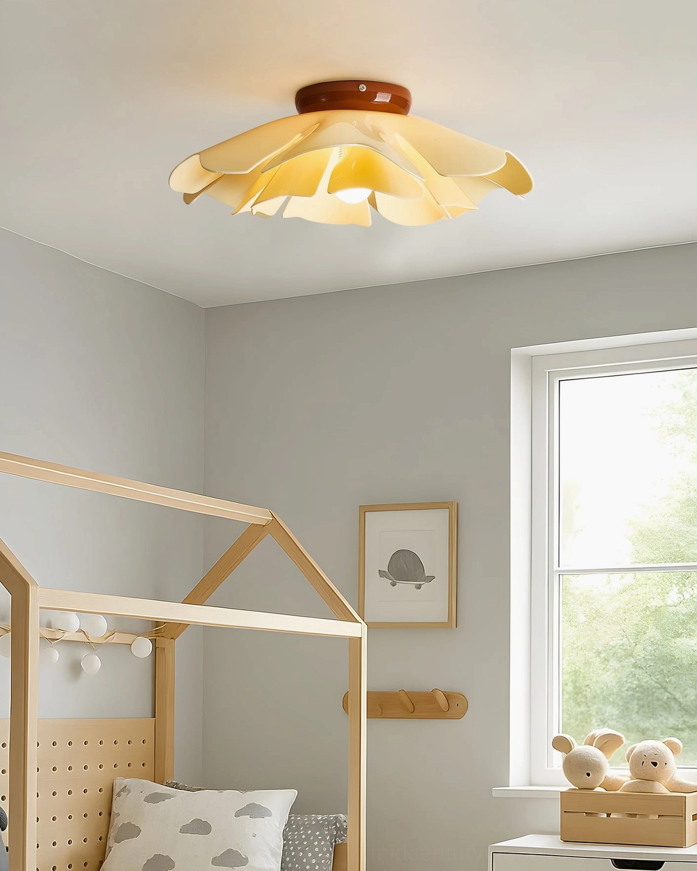 Cenia flower flush mount light illuminated overhead, minimalist bedroom with window, warm lighting