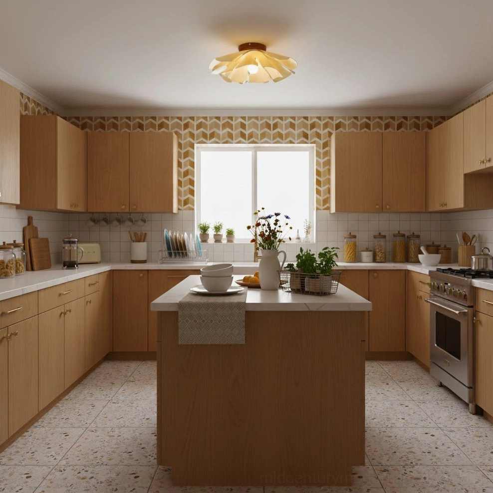 Cenia flower-shaped flush mount light in contemporary home interior, overhead illumination view