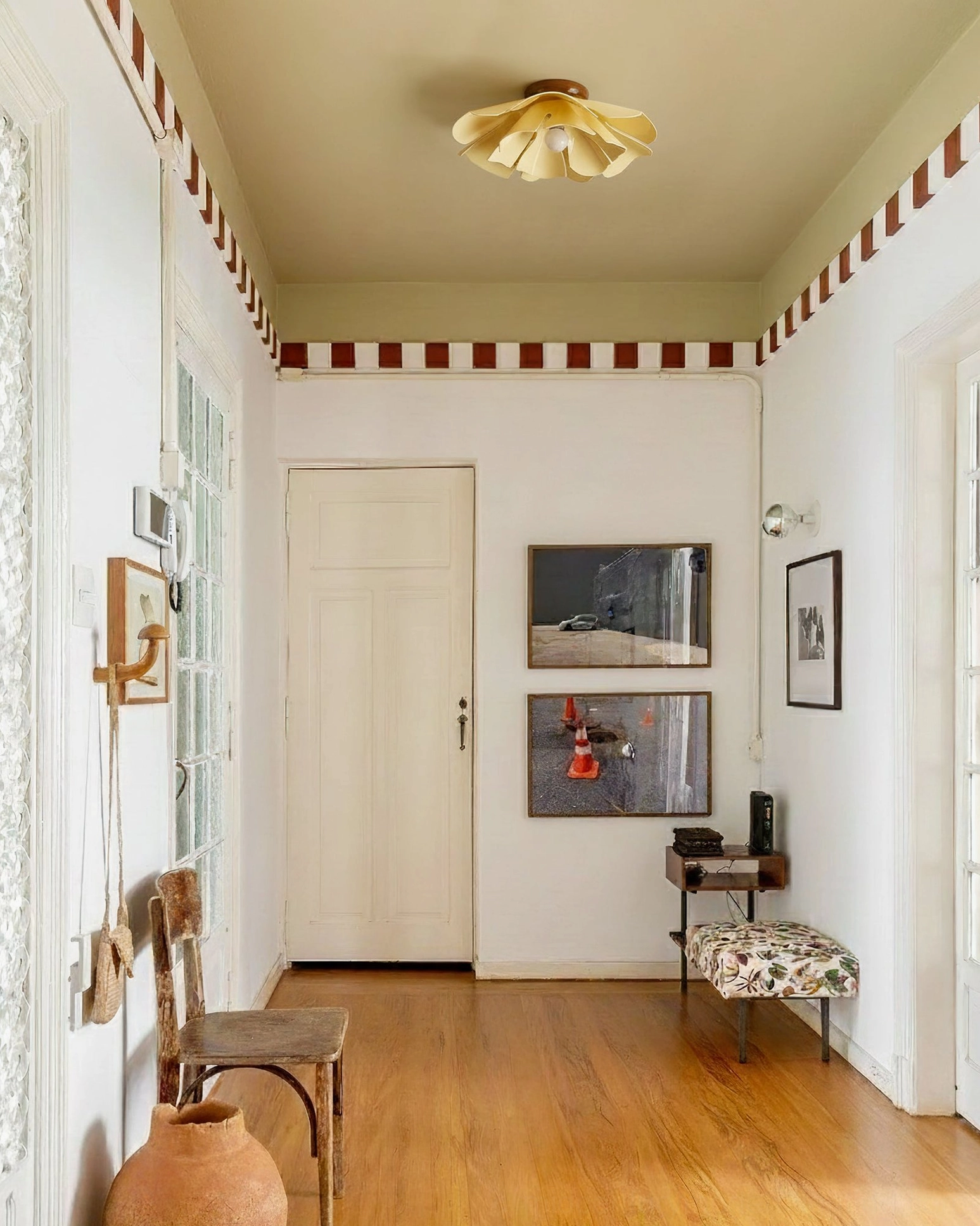 Cenia floral flush mount light in vintage entryway with wooden floors, warm retro home decor style