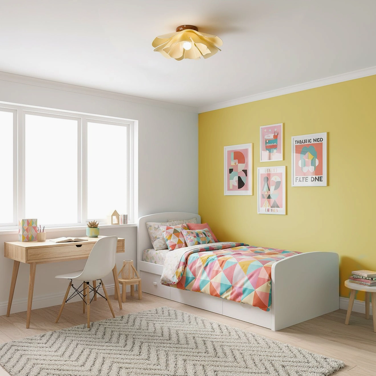 Cenia floral ceiling light in bedroom interior with yellow accent wall, warm ambient lighting demonstration