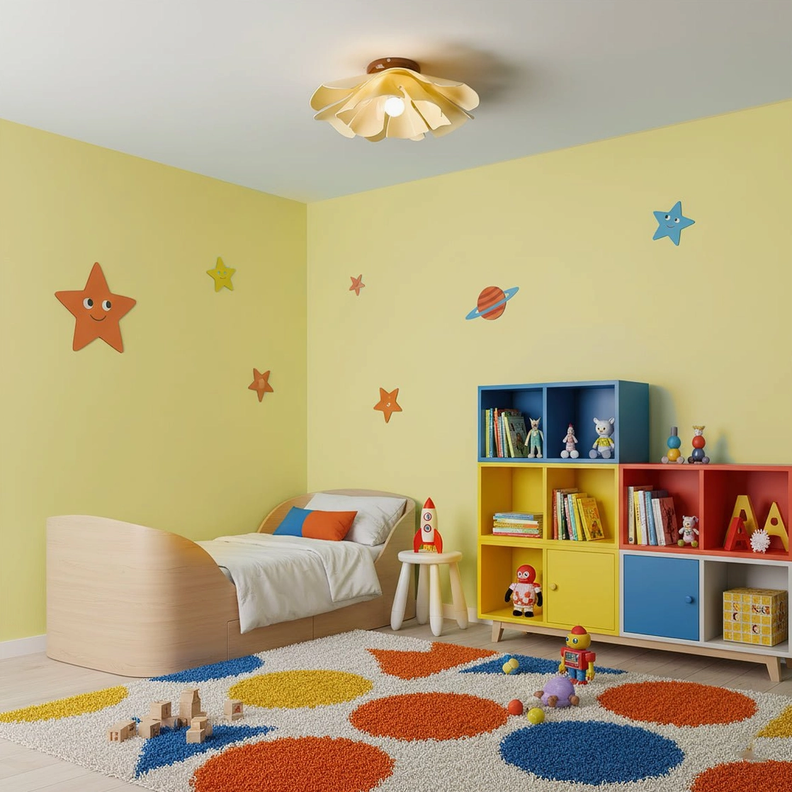 Cenia petal flush mount light in child's bedroom with star wall decals, playful nursery lighting