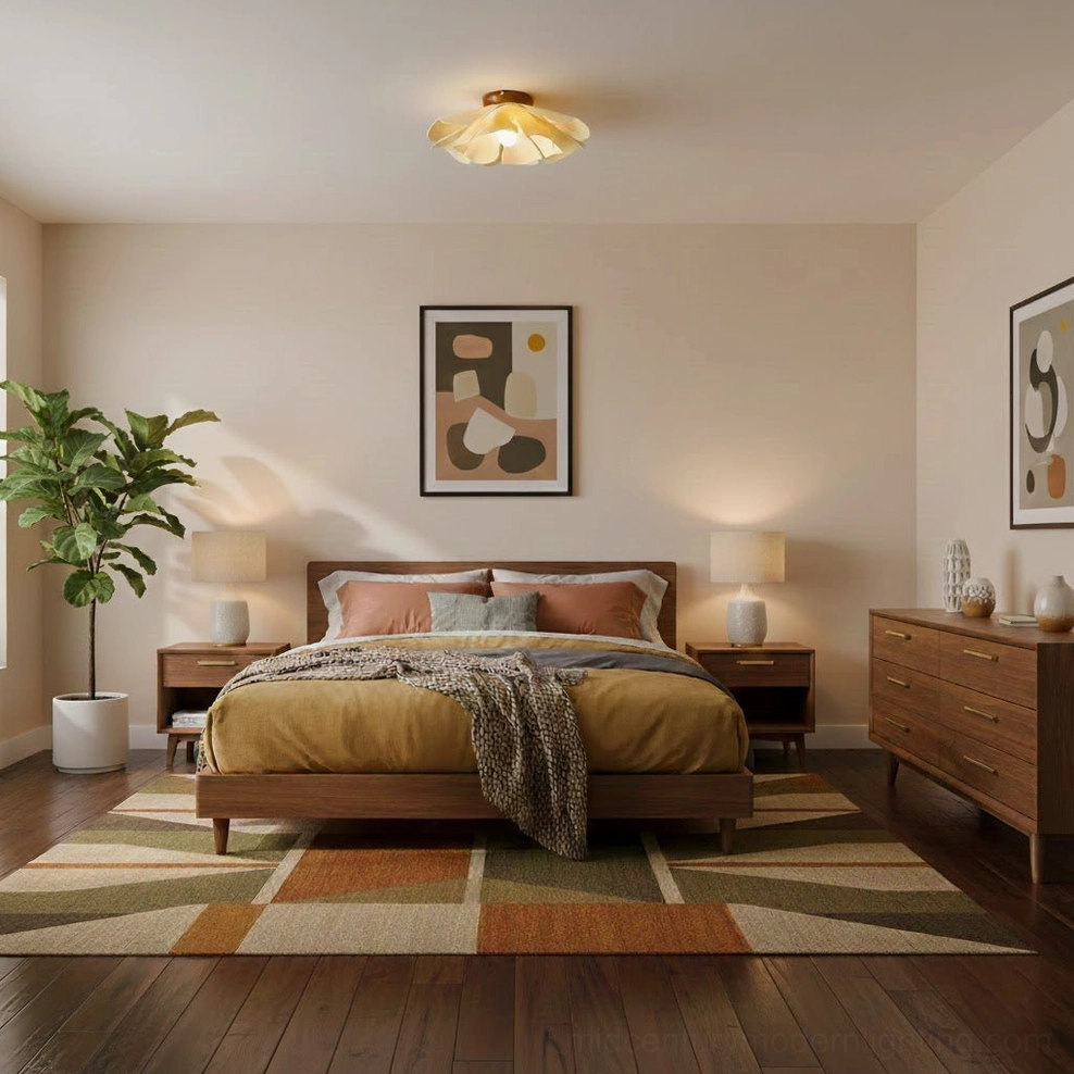 Cenia floral ceiling light in warm-toned master bedroom with wooden furniture, modern neutral interior