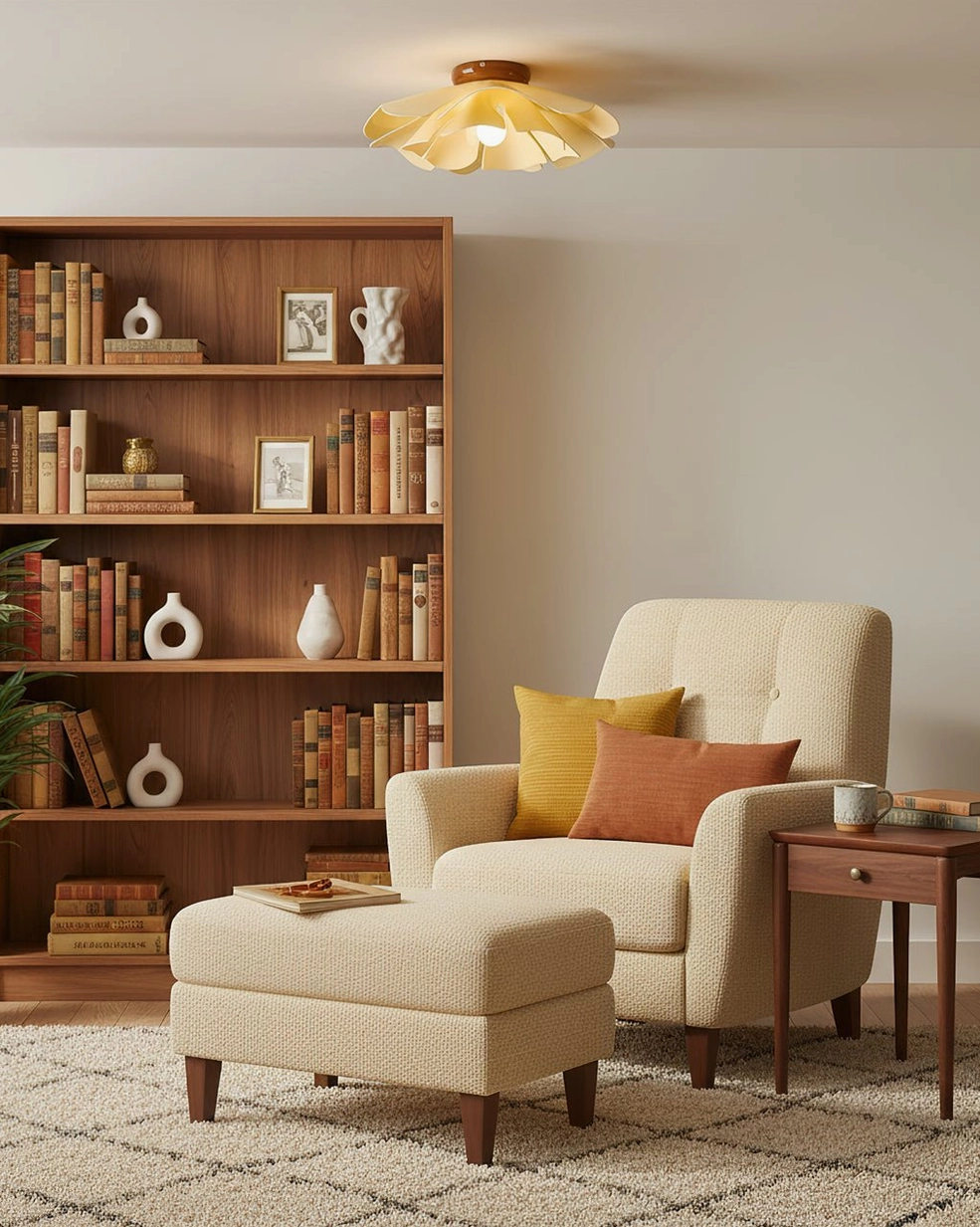 Cenia petal flush mount light showing warm glowing ambiance in room setting, atmosphere creation