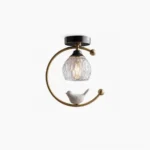 Ceramic bird ceiling lamp with brass frame and glass shades, studio front view on white background
