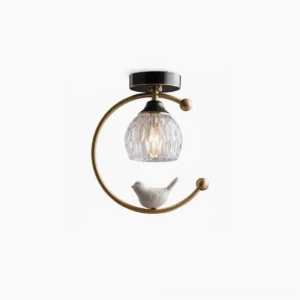 Ceramic bird ceiling lamp with brass frame and glass shades, studio front view on white background