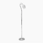 Ceramic ribbed arc floor lamp with silver metal pole and white ribbed ceramic shade, front studio view against white background