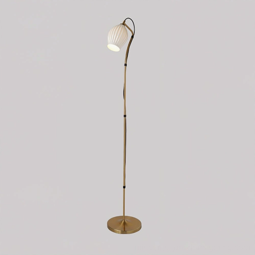 Ceramic ribbed arc floor lamp full product showcase with sculptural white shade and metal pole frame