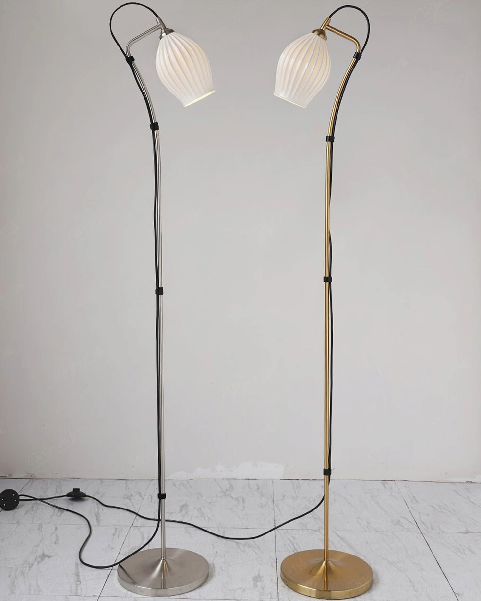White ceramic ribbed shade arc floor lamp with premium bone china material and metal hardware details