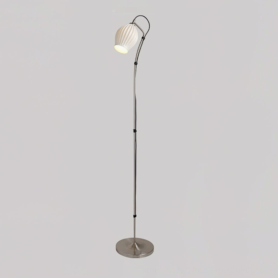 Copper plating ceramic ribbed floor lamp with warm nostalgic aesthetic in retro-modern interior setting