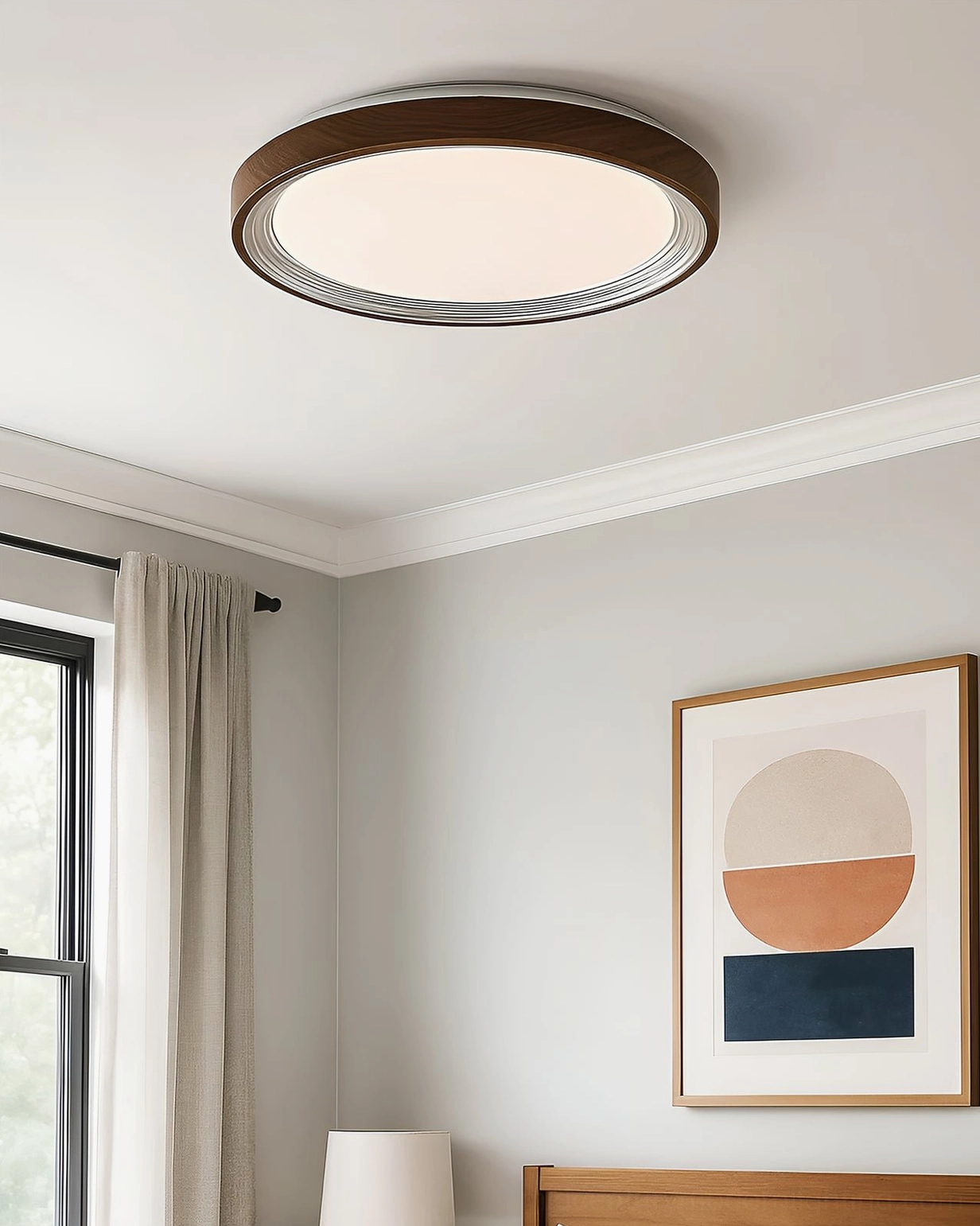 Dark wood-frame Cerova LED ceiling light in contemporary bedroom with artistic wall design