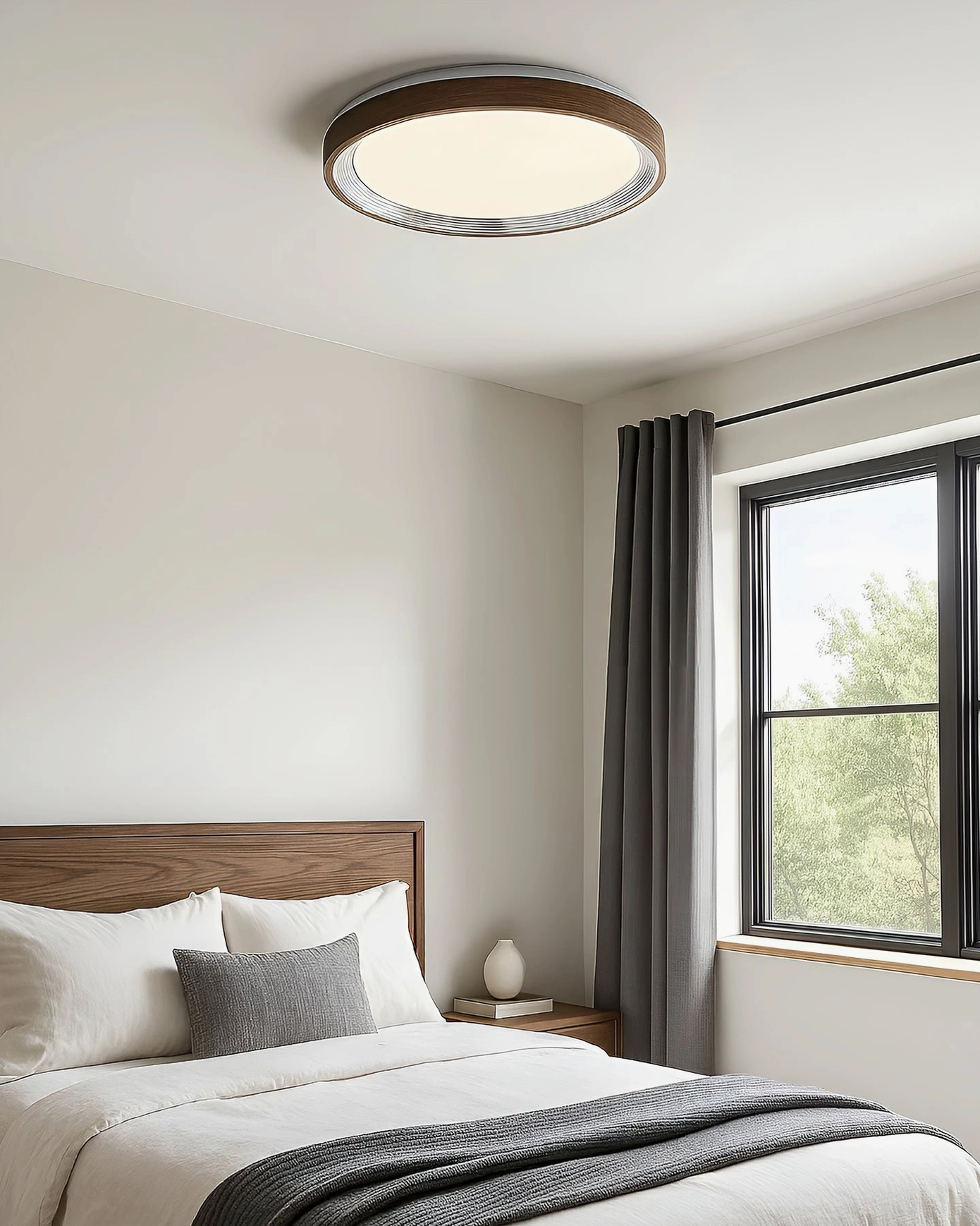 Cerova walnut ceiling light installed in modern minimalist bedroom with neutral wall decor